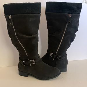 Torrid Black Oiled Sweater Trimmed Buckle Knee- High Boot Sz 9WW Wide Calf